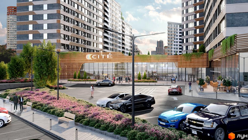 МФК CITÉ: фасади будівель з панорамними вікнами та дерев'яними елементами, паркінг та зелена зона з квітами.