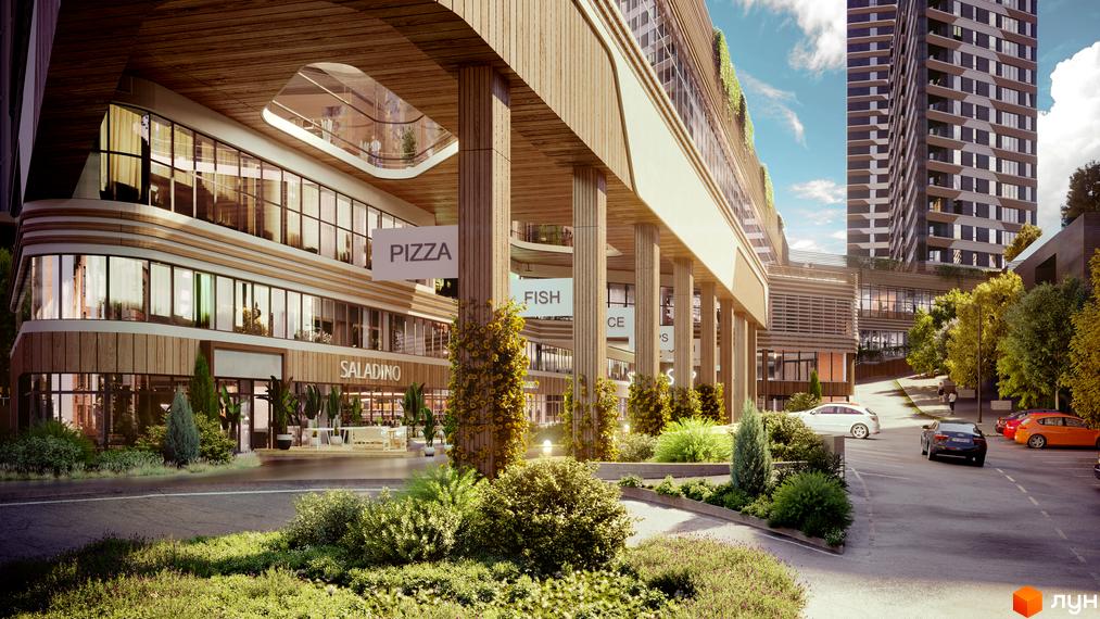 Комплекс CITÉ з багаторівневими фасадами, великими вікнами та дерев'яними елементами. Прибудинкова територія озеленена, є дорога та парковка.