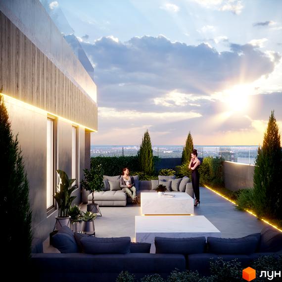 МФК CITÉ: Будівля з сірим фасадом, дерев'яними елементами та світловими смугами. Простора тераса на даху з м'якими меблями, великими столами та зеленню, що відкриває вид на місто під час заходу сонця.