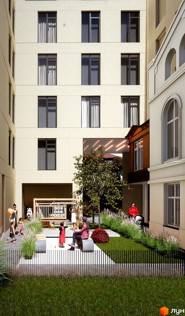 Фасад житлового комплексу на вул. Коновальця, 21, з дитячим майданчиком та зонами відпочинку.