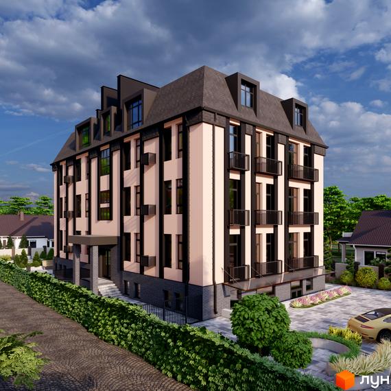 Зображення чотириповерхового будинку в Bucha Residence. Навколо будинку зелені насадження та парковка для автомобілів.