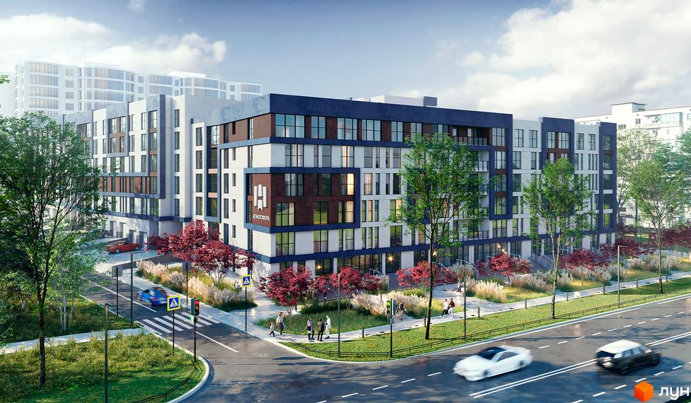 Зображення житлового комплексу „АТМОСФЕРА“. Багатоповерховий будинок з великими вікнами та фасадом у світлих тонах. На прибудинковій території висаджені дерева та кущі, є тротуари та дорога.