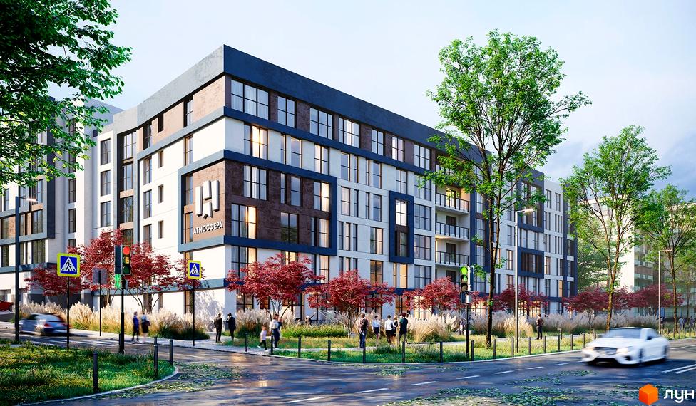 Багатоповерховий будинок житлового комплексу „АТМОСФЕРА“ з панорамними вікнами. На прибудинковій території висаджені дерева та кущі, є пішохідні доріжки.