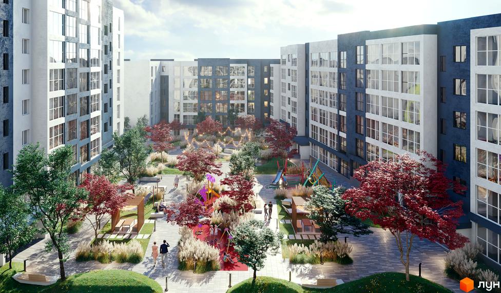 Клубний квартал „АТМОСФЕРА“: фасади будинків та зелений двір з дитячим майданчиком. Сучасний житловий комплекс з місцями для відпочинку.