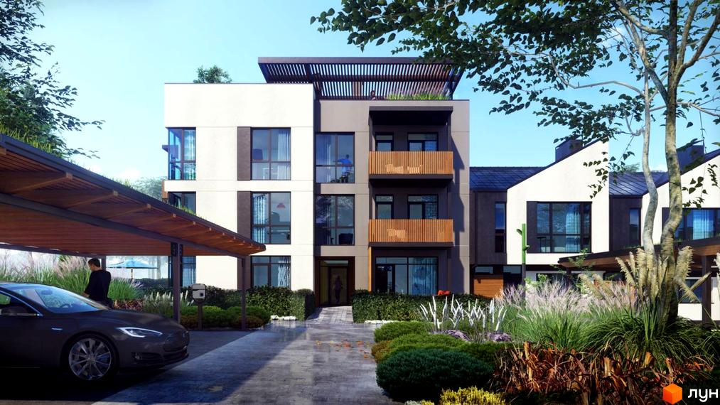 Зображення фасаду та прибудинкової території Житлового комплексу SMART & GREEN. На передньому плані авто та зелені насадження.