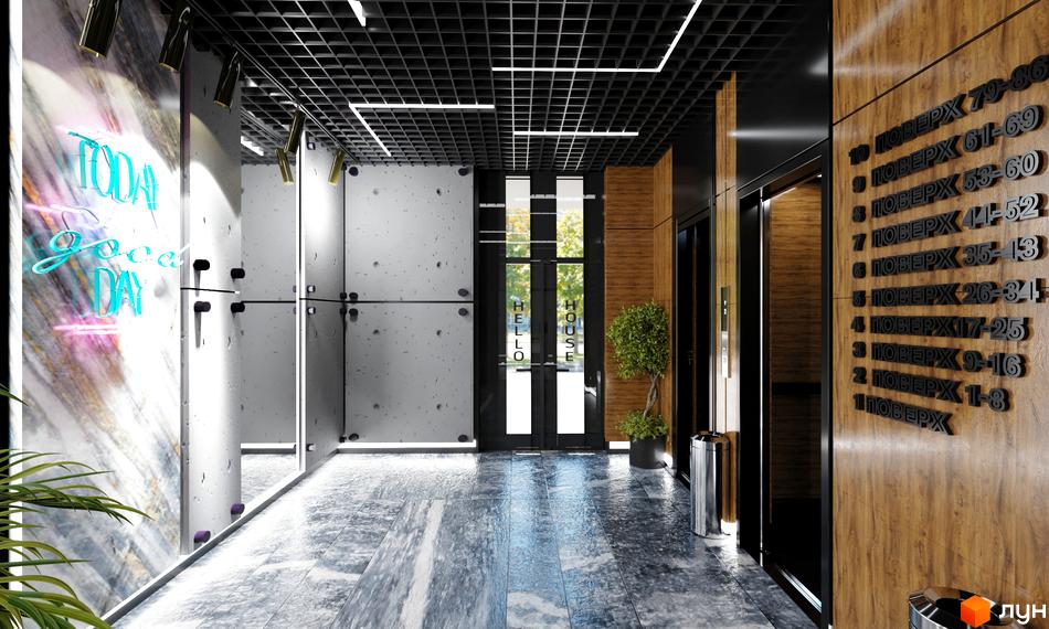 Інтер'єр холу в Новобудові Hello House з мармуровими стінами та неоновою вивіскою. Вигляд на вхідні двері та покажчик поверхів.