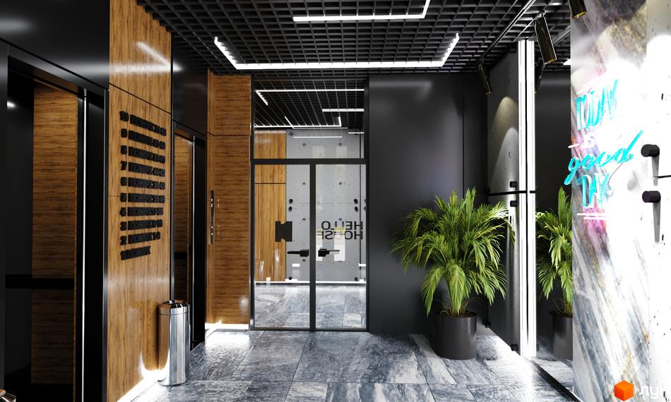 Сучасний хол житлового комплексу Hello House з дерев'яними панелями та неоновою вивіскою. Інтер'єр з рослинами та мармуровими акцентами.
