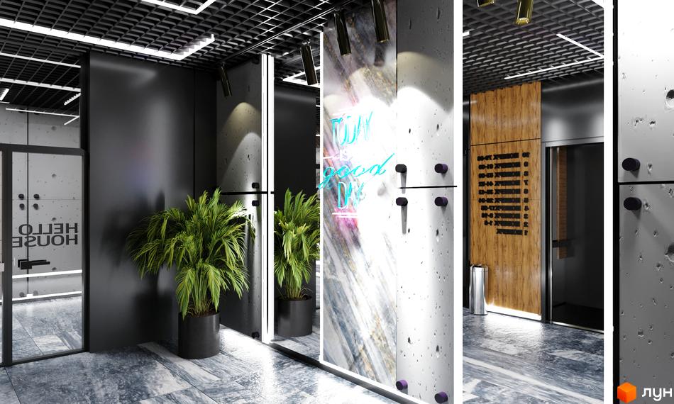 Інтер'єр вхідної групи Житлового комплексу Hello House з рослинами у вазонах та дзеркалами. Вигляд внутрішнього оздоблення.