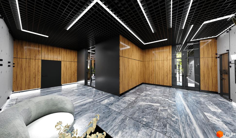 Інтер'єр холу Житлового комплексу Hello House з дерев'яними панелями та сірою плиткою на підлозі.