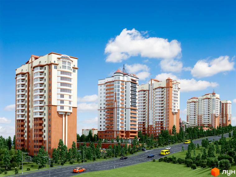 Житловий комплекс Берізки складається з кількох висотних будівель світлого та цегляного кольорів з балконами. Будинки оточені зеленими насадженнями та дорогою з транспортом.