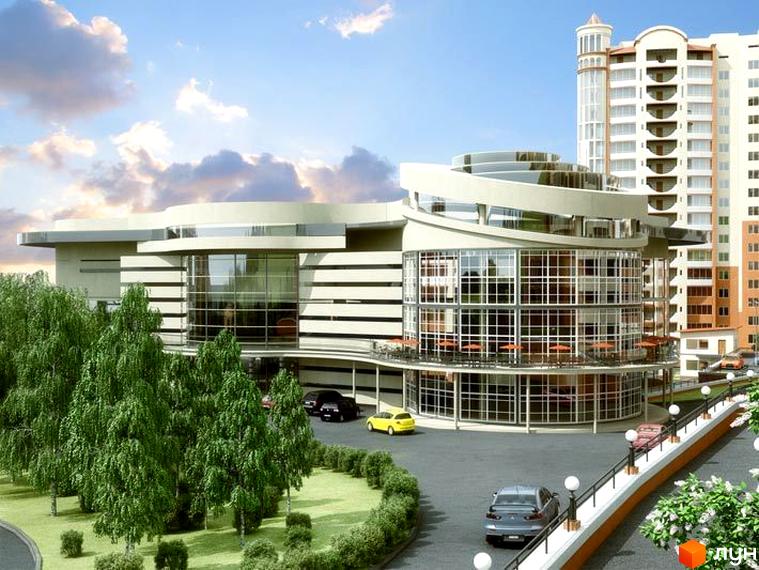 Зображення Житлового комплексу Берізки: багатоповерховий будинок з округлим скляним фасадом та балконами, оточений зеленими деревами та доріжками.