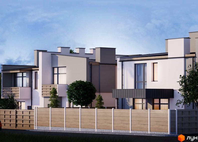Сучасні дуплекси Сонячний з дерев'яним парканом та зеленими насадженнями. Зовнішній вигляд новобудови.