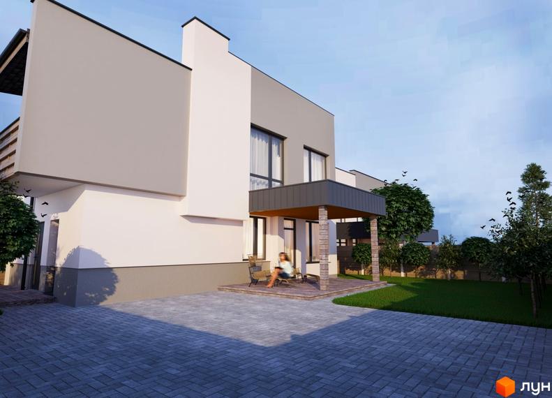 Фасад Дуплексу „Сонячний“ з білими та сірими стінами, великими вікнами та критою терасою. Перед будинком вимощений двір та зелений газон з деревами.