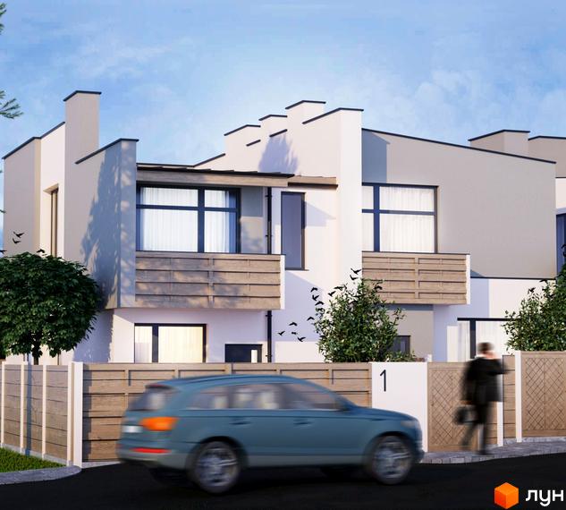 Ряд двоповерхових дуплексів світлих відтінків з дерев'яними елементами на фасаді. Перед будинками зелені насадження та дерев'яний паркан.