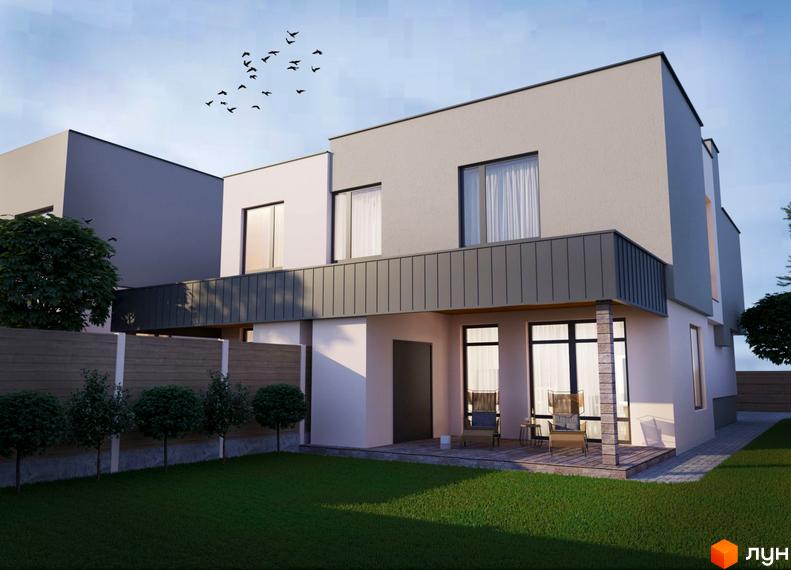 Дуплекс „Сонячний“ – двоповерховий будинок з сірим фасадом, великими вікнами та балконом, на тлі блакитного неба з птахами. Біля будинку зелений газон та дерев'яна огорожа.