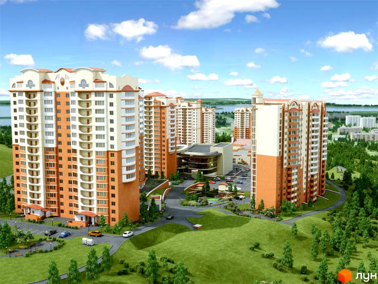 Житловий комплекс Берізки: високі будинки з помаранчево-білими фасадами, балконами та доглянутою зеленою територією з дорогами та парковками.