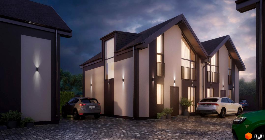 Котеджне містечко KyivOasis з сучасними фасадами та прибудинковою територією з автомобілями. Зовнішній вигляд будинків та прилеглої території.