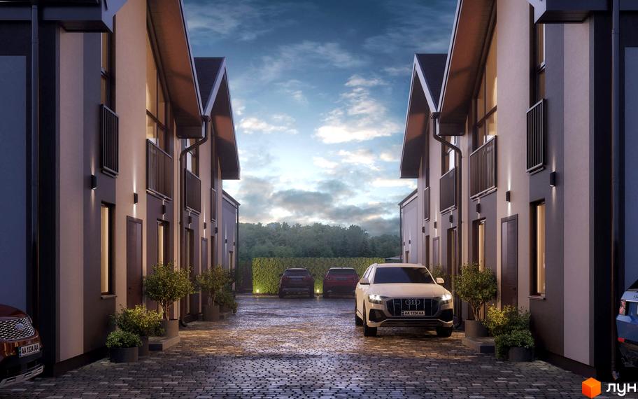 Зовнішній вигляд будинків котеджного містечка KyivOasis з прибудинковою територією та автомобілями. Сучасна архітектура новобудови.