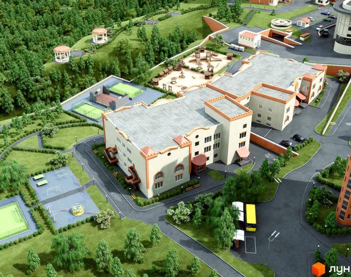 Житловий комплекс Берізки має багатоповерхові будинки світлого кольору з оранжевими елементами на дахах. Прибудинкова територія включає спортивні майданчики, дитячі зони та зелені насадження.