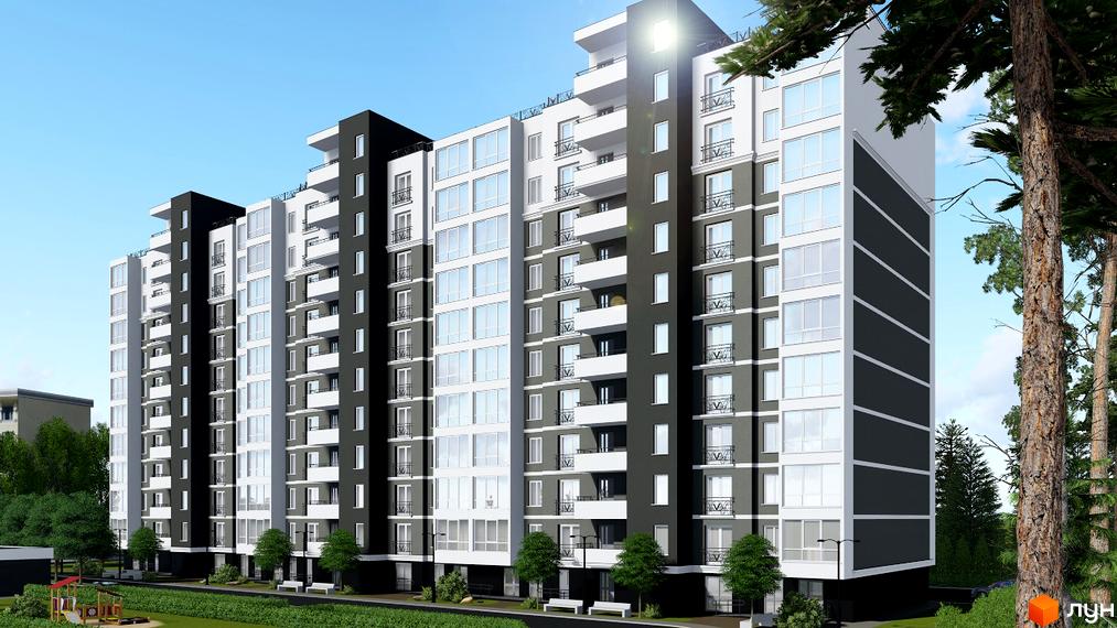 Зовнішній вигляд багатоповерхового житлового комплексу ЖК Кудрянка з білими та темними фасадами, балконами та великими вікнами. На прибудинковій території видно зелені насадження та дитячий майданчик.