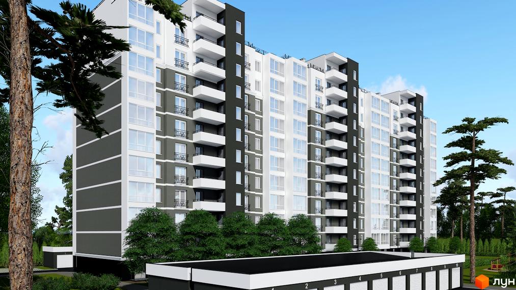 Новобудова ЖК Кудрянка – це багатоповерховий будинок з білими та сірими фасадами, численними балконами та великими вікнами. Навколо комплексу розташовані зелені насадження та дерева.