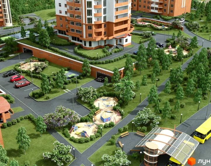 Житловий комплекс Берізки: багатоповерхові будинки з білими та помаранчевими фасадами, оточені зеленими насадженнями, дитячими майданчиками та дорогами.