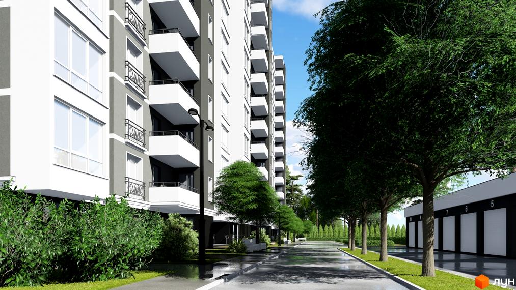 Зовнішній вигляд новобудови ЖК Кудрянка з балконами та великими вікнами. Прибудинкова територія з деревами та дорогою.