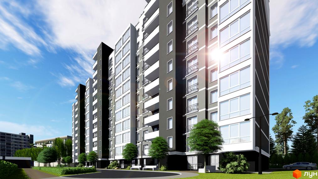 Зовнішній вигляд житлового комплексу Кудрянка з сірими фасадами, білими балконами та великими вікнами. Прибудинкова територія з деревами та зеленими насадженнями.