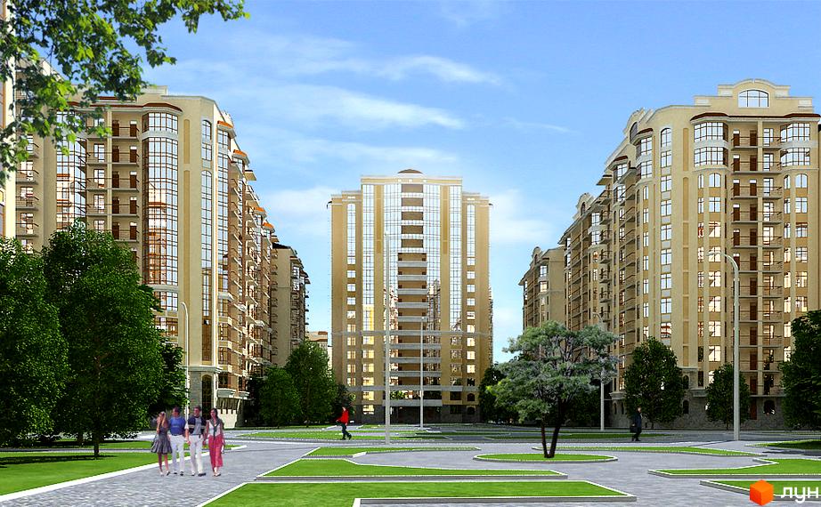 Багатоповерхові будинки Житлового комплексу Західний з бежевими фасадами та великими вікнами. Навколо облаштовані зелені газони та пішохідні доріжки з деревами.