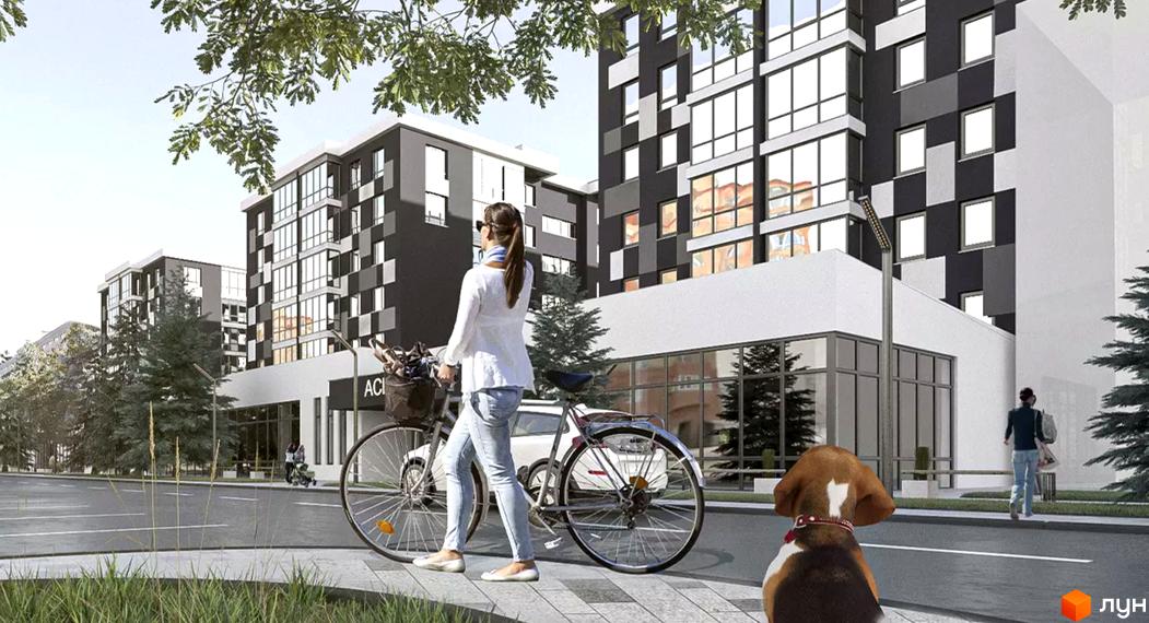 Житловий комплекс Union з багатоповерховими будинками, що мають темно-сірі та білі фасади. Прибудинкова територія озеленена деревами, доріжки та дорога.