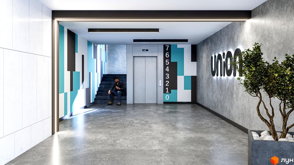 Вхідна група Житлового комплексу Union з ліфтом, сходами, стіною з геометричним візерунком та рослиною в кашпо.