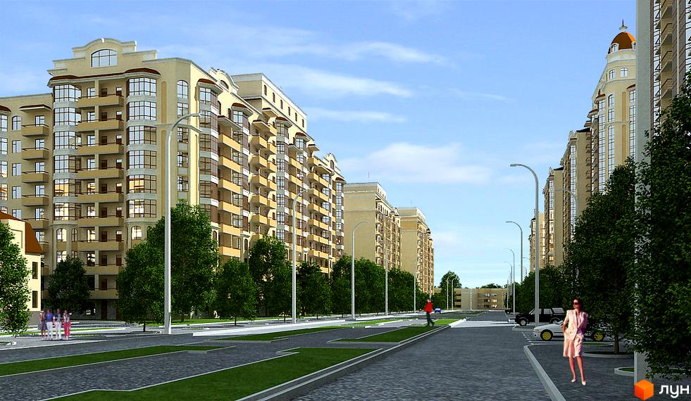 Зовнішній вигляд житлового комплексу Західний з сучасними фасадами. Прибудинкова територія з зеленими насадженнями та пішохідними доріжками.