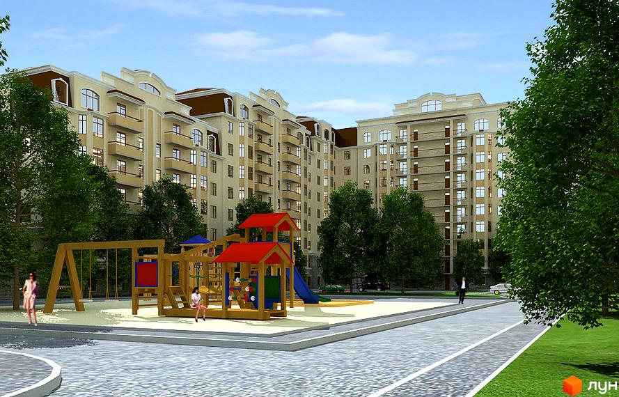 Житловий комплекс Західний з багатоповерховими будинками світлого кольору та балконами. На передньому плані дитячий майданчик з гойдалками та гіркою, оточений деревами.