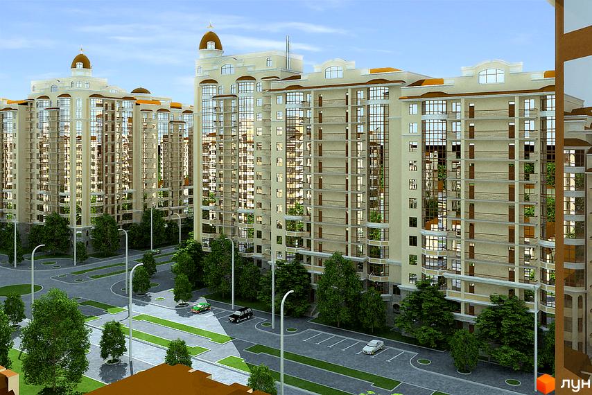 Житловий комплекс Західний з високими будинками світлого кольору, скляними фасадами та купольними завершеннями. Навколо облаштована дорога, зелені насадження та паркувальні місця.