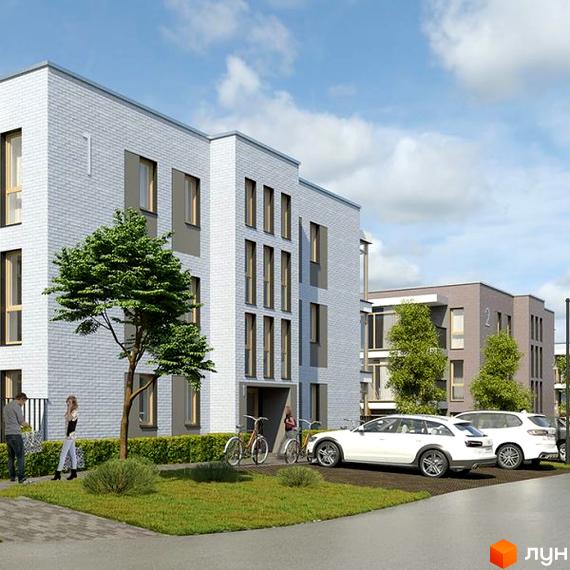 Житловий комплекс Гармонія. Зовнішній вигляд будівель з цегляним фасадом, вікнами та прибудинковою територією з деревами та велосипедами.