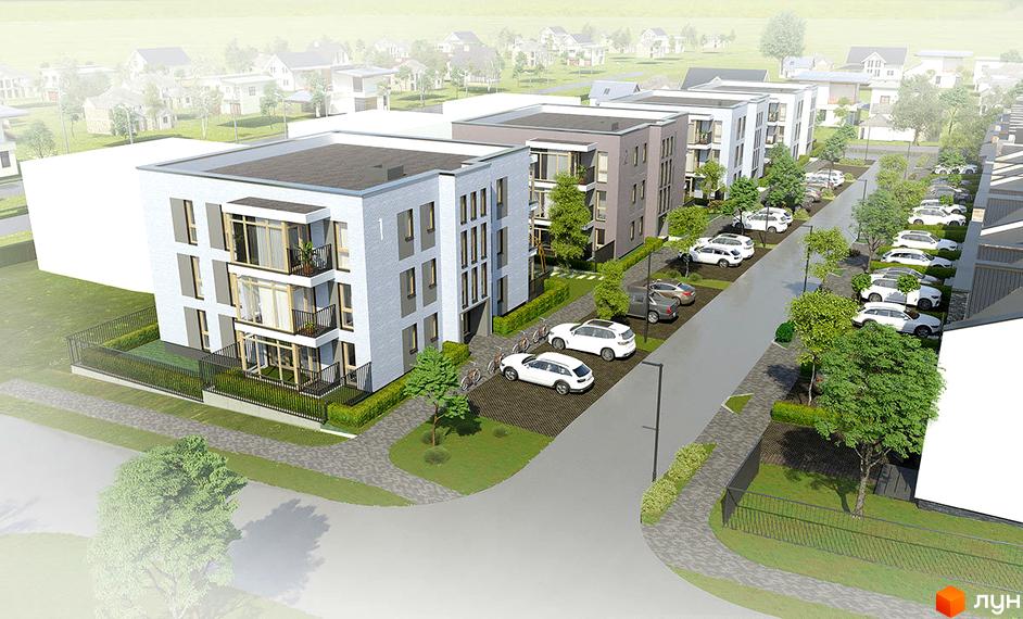 Зовнішній вигляд новобудови ЖК Гармонія з паркуванням та зеленими зонами. Оточений деревами та доглянутими газонами.