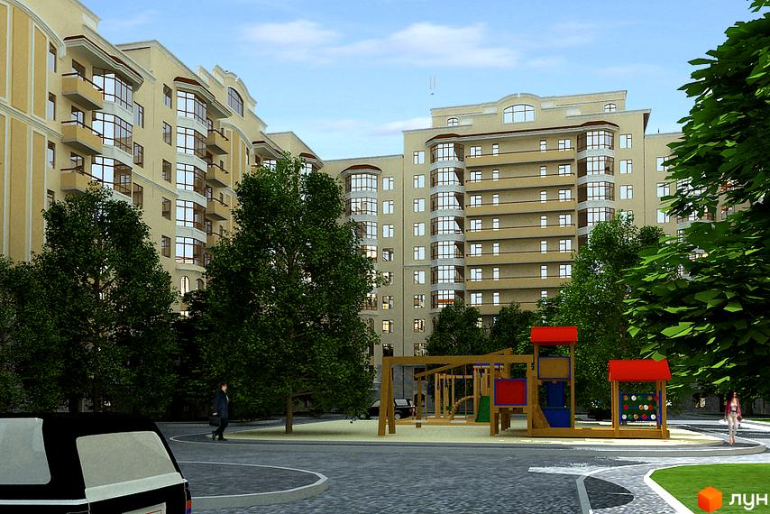 Житловий комплекс Західний з багатоповерховими будинками світлого кольору та численними вікнами. На території розташовані зелені дерева, дитячий майданчик та доріжки.