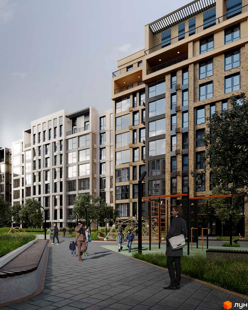 Вигляд на фасади будинків Житлового комплексу HARMONY GARDEN та пішохідну алею з лавками і дитячим майданчиком.