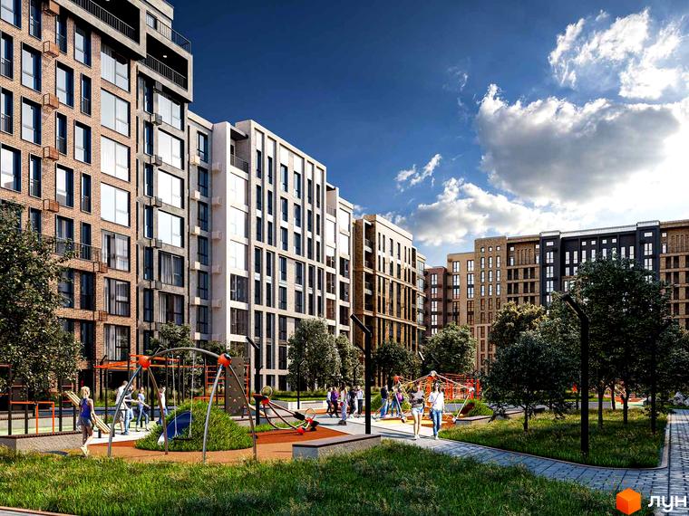 Зображення фасаду та прибудинкової території Житлового комплексу HARMONY GARDEN. На території є дитячий майданчик та зелені насадження.