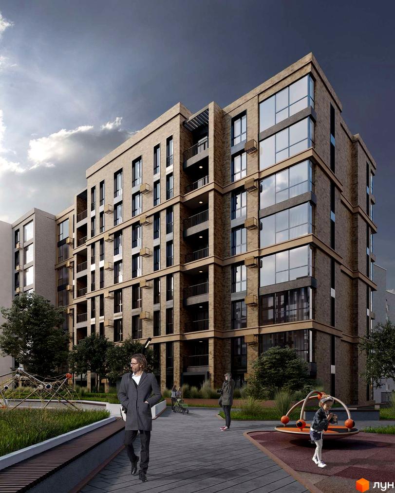 Зображення фасаду Житлового комплексу HARMONY GARDEN та прибудинкової території з дитячим майданчиком і пішохідною зоною.