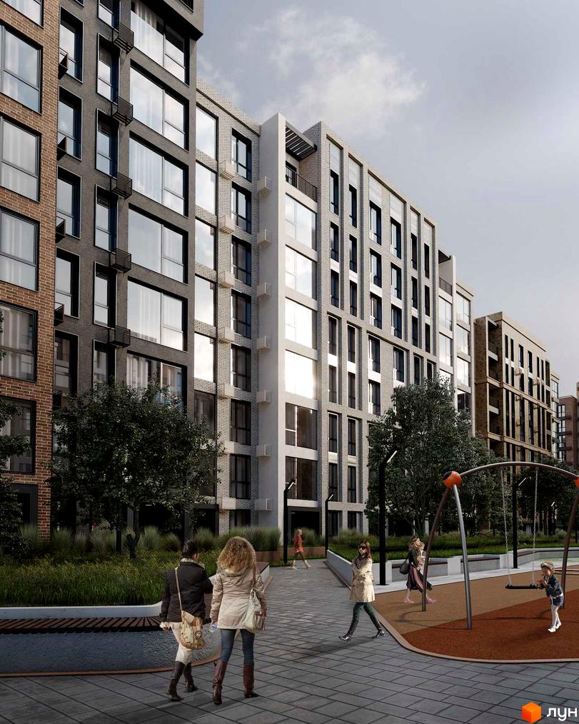 Зображення фасаду та прибудинкової території Житлового району HARMONY GARDEN. На передньому плані пішохідна алея та дитячий майданчик.