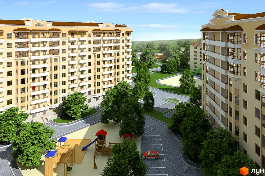 Житловий комплекс Західний з бежевими багатоповерховими будинками та балконами. На території багато зелені, дитячий майданчик та парковка.