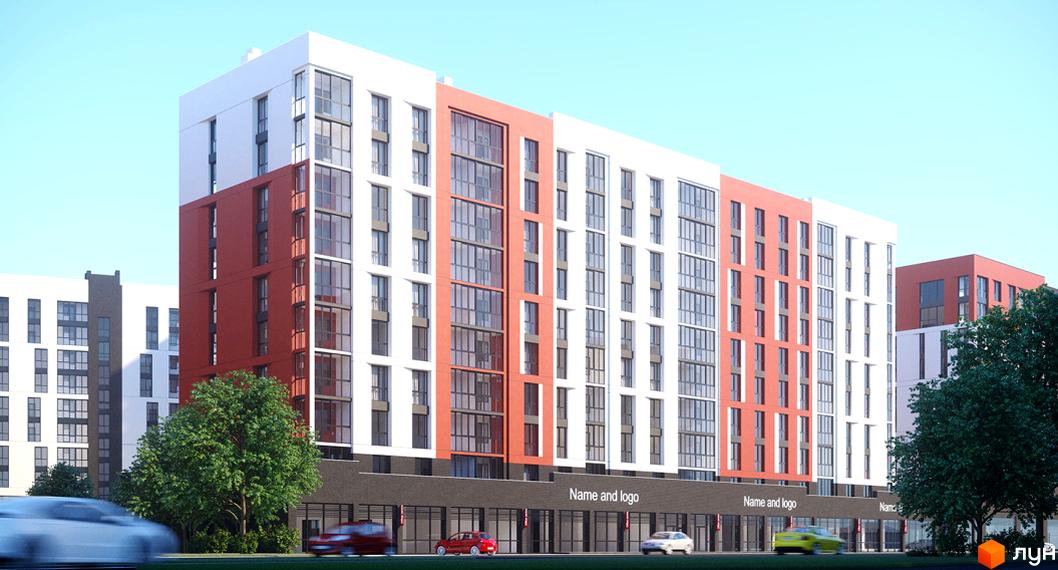 Житловий комплекс FAMILY City: багатосекційний будинок з біло-червоним фасадом та великими вікнами. Поруч зелені дерева та проїжджа частина з автомобілями.