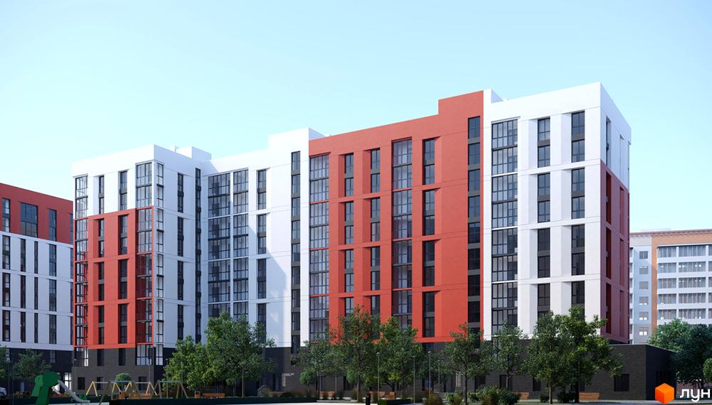 Житловий комплекс FAMILY City – це сучасна новобудова з яскравим фасадом та великою кількістю вікон. Територія навколо будинку озеленена деревами та облаштована дитячим майданчиком.