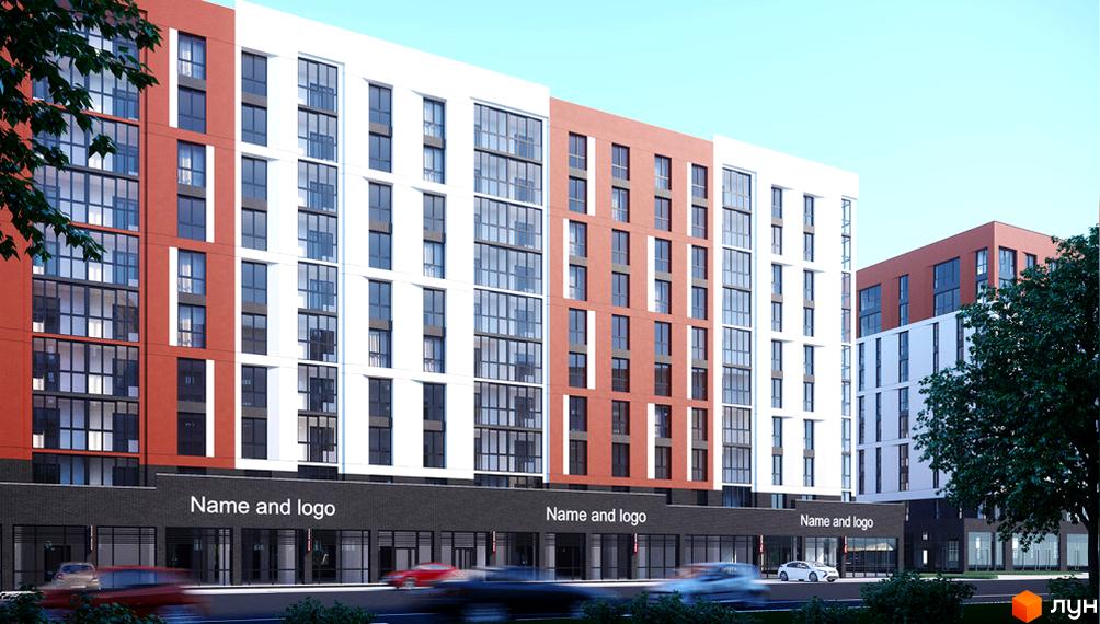 Зовнішній вигляд новобудови ЖК FAMILY City з червоними та білими фасадами, великими вікнами та комерційними приміщеннями на першому поверсі. На зображенні видно дорогу з автомобілями та зелені насадження.