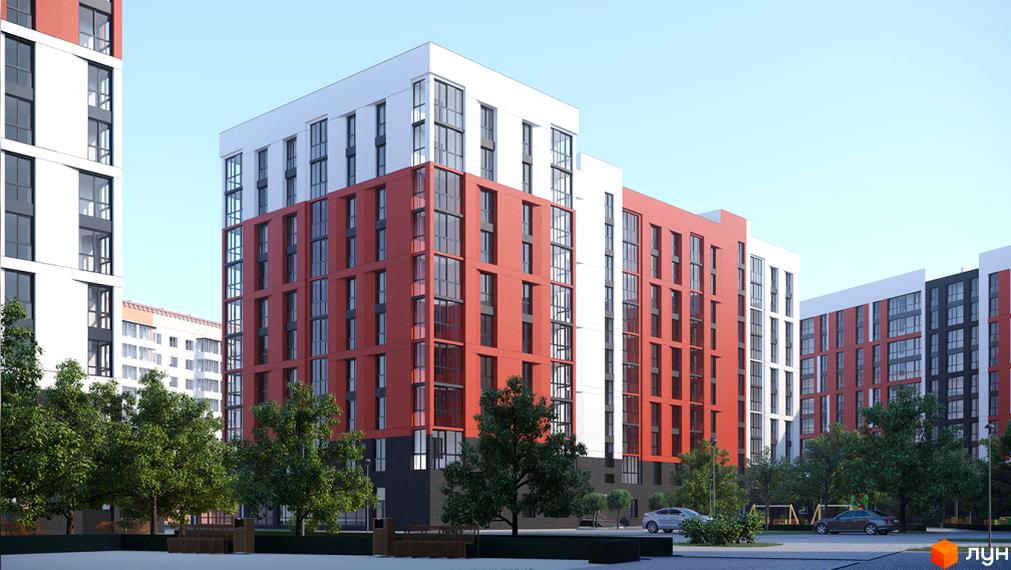 Зовнішній вигляд житлового комплексу FAMILY City з червоними та білими фасадами, вікнами та зеленими деревами на прибудинковій території.