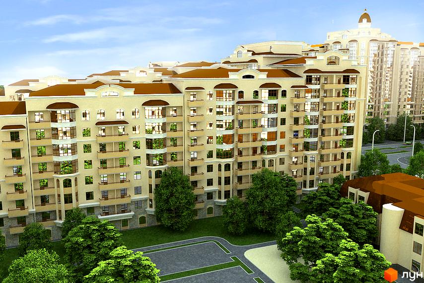 Багатоповерховий житловий комплекс Західний світлого кольору з коричневими дахами та балконами. Навколо будинку зелені дерева, доглянуті газони та асфальтовані доріжки.