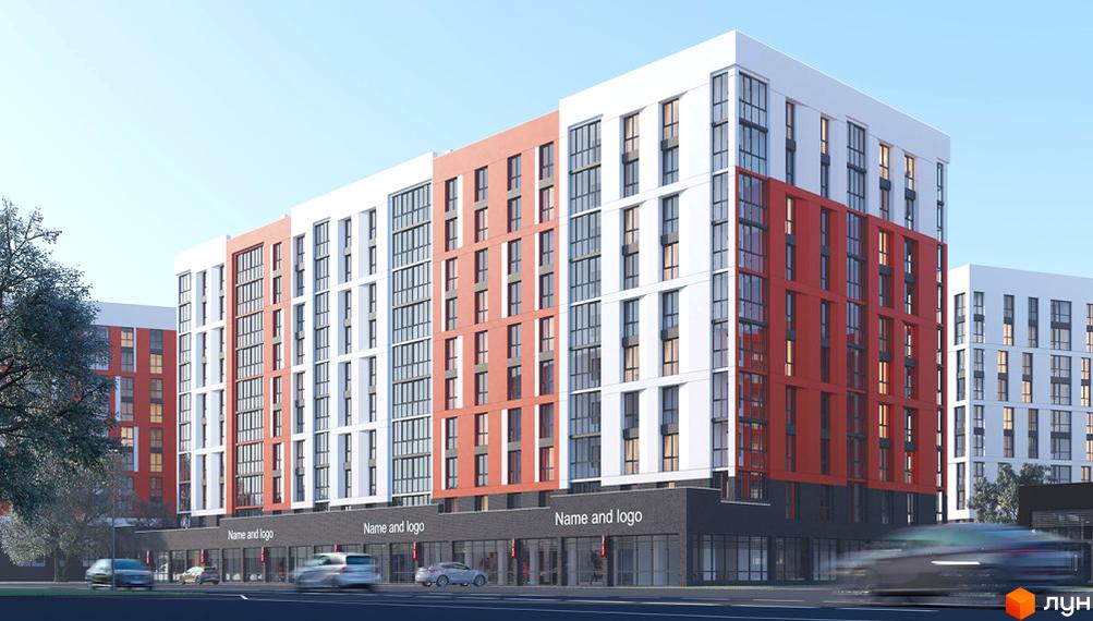 Зовнішній вигляд новобудови ЖК FAMILY City з червоними та білими фасадами, великою кількістю вікон та комерційними приміщеннями на першому поверсі. Навколо будинку видно дорогу з автомобілями та дерева.