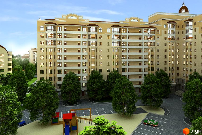 Житловий комплекс Західний: багатоповерховий будинок світлого кольору з балконами та великими вікнами, навколо якого зелені дерева та дитячий майданчик.