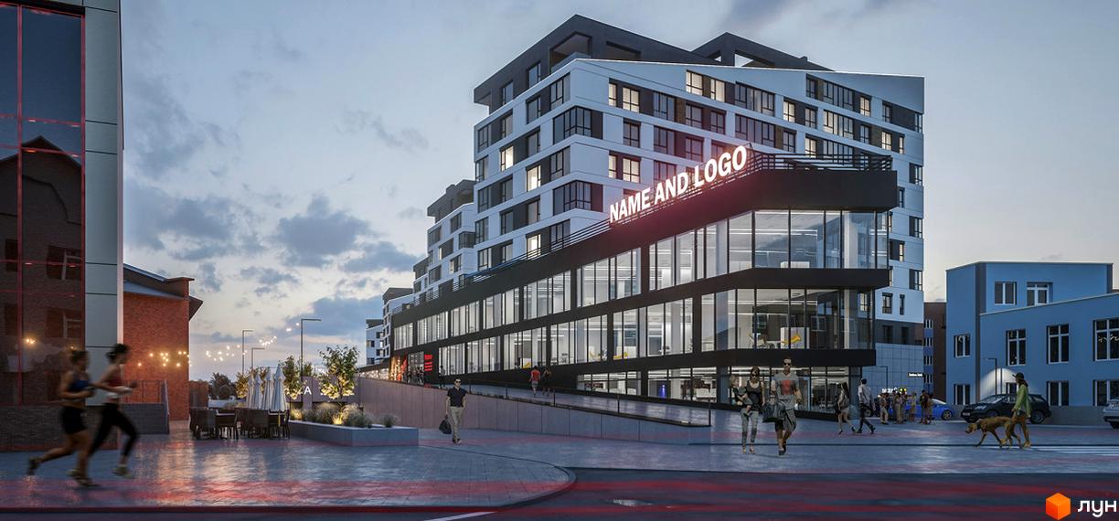 Висотна будівля житлового комплексу з панорамними вікнами та підсвічуванням 